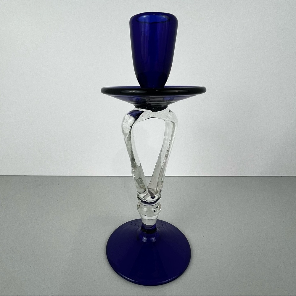 Single Art Glass Cobalt Blue Candlestick Holder